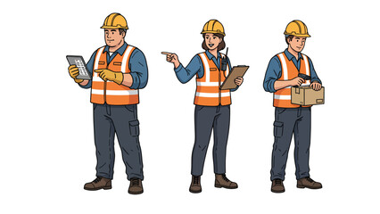 Obraz premium Three construction workers in hard hats and safety vests are shown with tablets and a box.