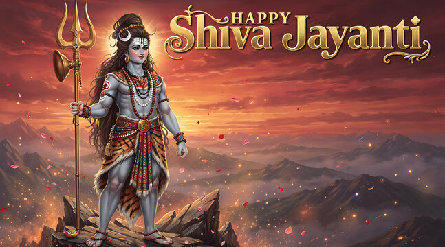 Vibrant depiction of Lord Shiva celebrating Shivratri with celebratory elements and divine ambiance in a serene landscape