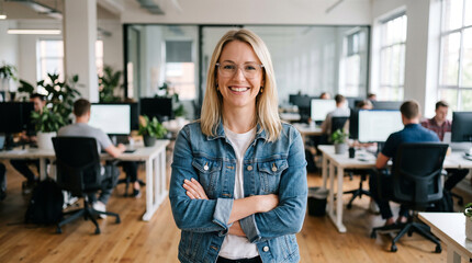 Fototapeta premium Beautiful woman woman arms crossed office desk smiling which is perfect for corporate success presentation and highly effective marketing campaigns