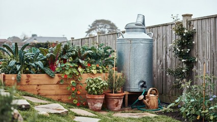 Obraz premium Raised Garden Bed with Lush Greenery, Vintage Watering Can, and Galvanized Metal Tank