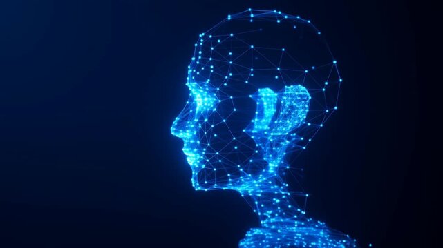 Rotating digital wireframe human head turning from front to profile in dark studio with glowing network nodes and connecting lines