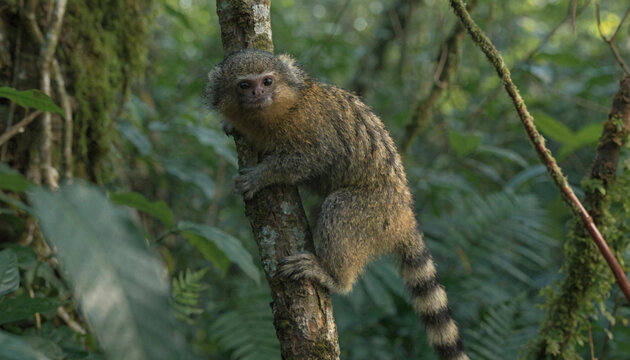 Pygmy Marmoset Clinging to Tree Trunk in Amazon Rainforest Habitat