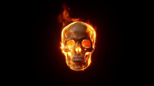 Glowing fiery skull with flames isolated on black background for Halloween horror design