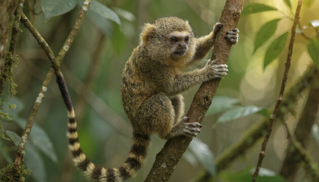 Pygmy Marmoset Clinging to Tree Trunk in Amazon Rainforest Habitat