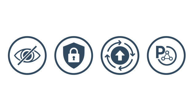 Set of four round security and privacy icons including an eye crossed out, a padlock shield, and system updates.