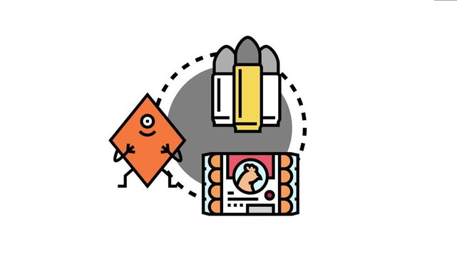 Illustration depicting an abstract connection between bullets, a smiling geometric character, and a package of animal treats, emphasizing disparate elements within a cycle