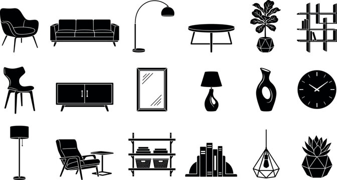 Modern home interior furniture living room decor elements and apartment decoration black silhouette icon collection vector set isolated