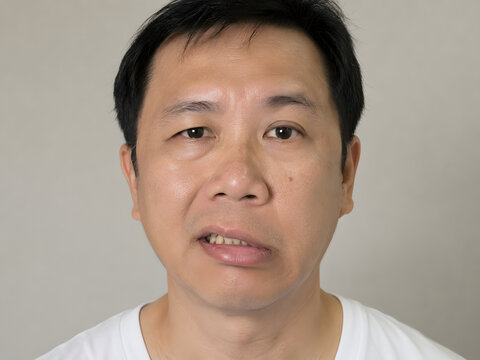 Portrait of an Asian man suffering from Bell's palsy, showing drooping and paralysis on one side of his face.