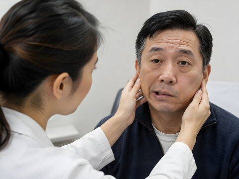 Doctor examining an Asian male patient experiencing Bell's palsy or facial paralysis on one side of his face.