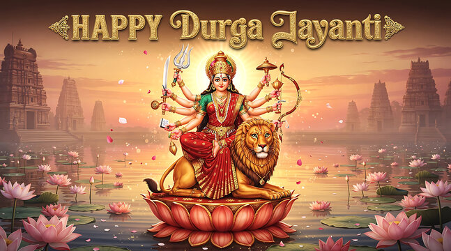 Divine Durga Sitting on a Lotus with a Lion in a Sacred Water Pool Celebrating Durga Jayanti Festival
