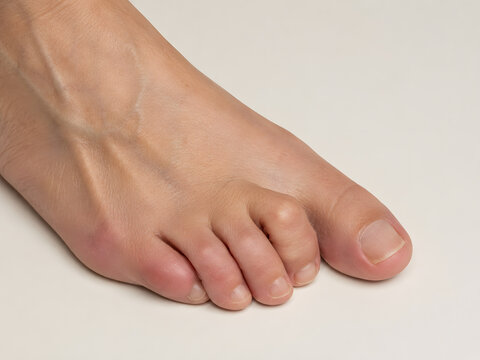 Close up of a human foot with hammertoe deformity, showing bent and curled toes.