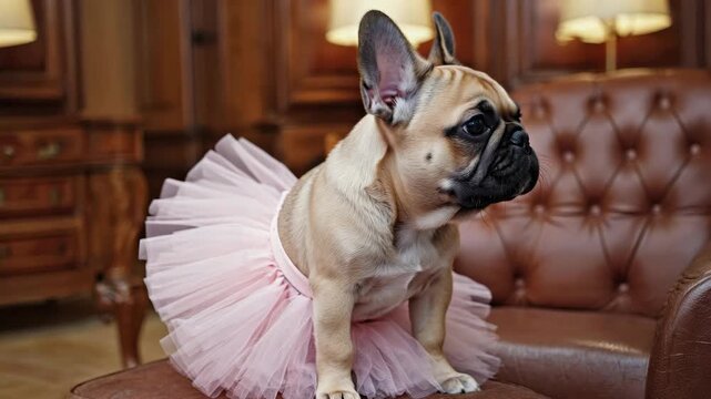 Small pug dog sitting on a chair dressed in a pink tutu and ballet slippers.