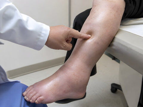 Doctor pressing on a patient's swollen lower leg to check for pitting edema and water retention.