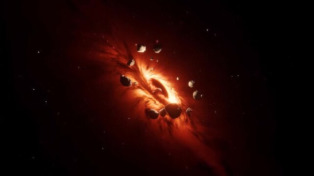 Tracking shot of asteroids spiraling toward glowing black hole accretion disk in deep space surrounded by debris field and luminous gas stream