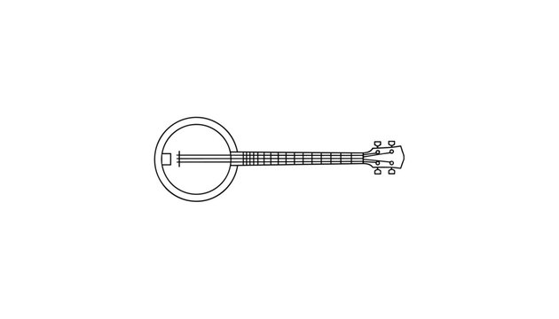 Line art illustration of a traditional five-string banjo shown horizontally on a clean white background.