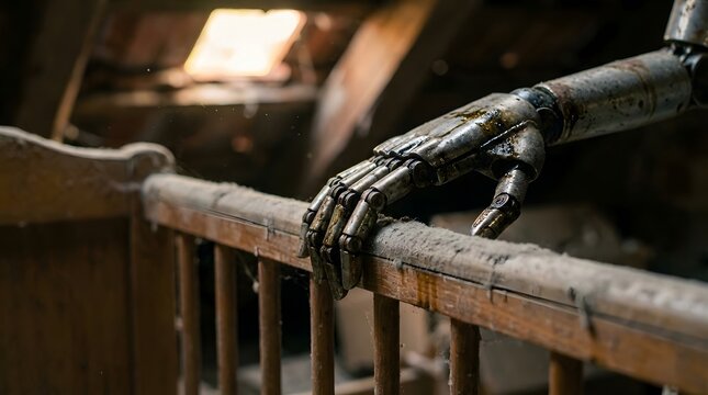 Gentle Grasp - Industrial mechanical limb reaching for a dusty wooden cradle in a dark attic (Extinction, Care, Nostalgia, Irony)