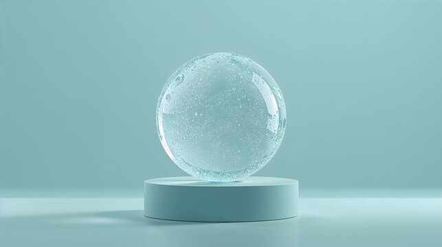 Droplet covered translucent gel sphere resting on pedestal evoking fresh cooling sensory mood generative AI