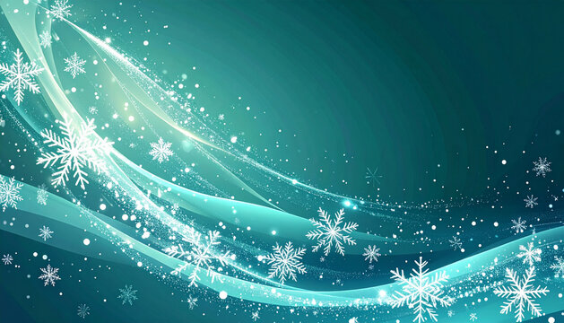 Christmas card with white snowflakes and sparkling lights swirling diagonally across petrol turquoise gradient generative AI
