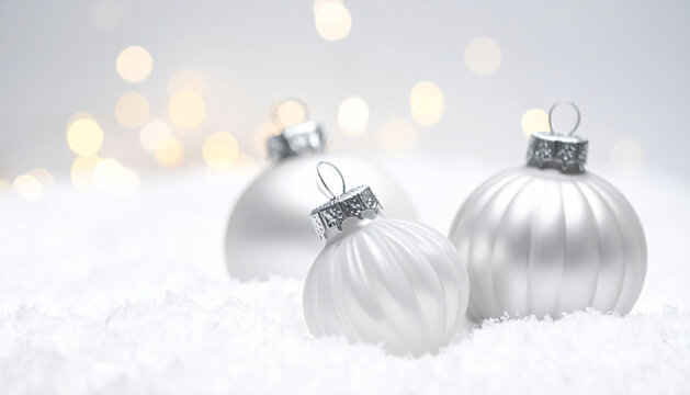 Christmas card with elegant silver white baubles resting in powder snow before silvery bokeh generative AI