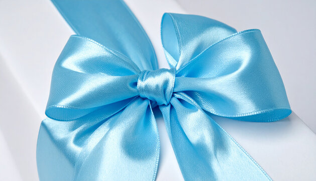 Christmas card with lush glossy ice blue satin bow on light wrapped gift closeup generative AI