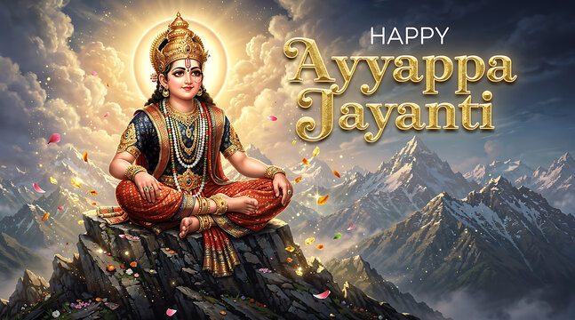 Festive depiction of Goddess Durga celebrating Ayuappa Jayanti with vibrant divine sacredness and mountain landscape backdrop