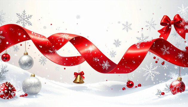 Christmas card with dynamic red ribbon sweeping across white background lined with snowflakes bells holly generative AI
