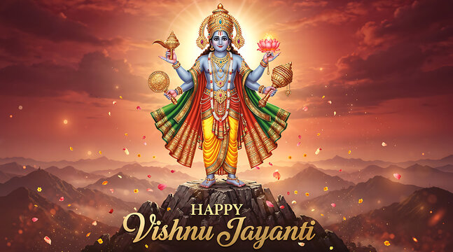 Vibrant and detailed depiction of goddess Durga celebrating Vishnu Jayanti with a majestic mountain backdrop and glowing festive