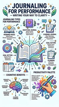 Journaling for performance infographic showing productivity methods