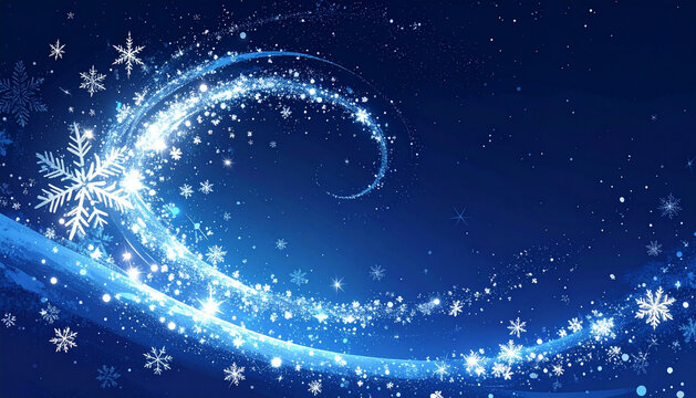 Christmas card with glowing swirl of white snowflakes and sparkling stars on deep night blue generative AI