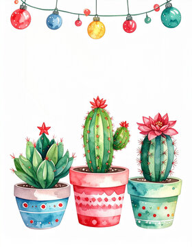 Christmas card with watercolour cacti and succulents in colourful pots decorated with baubles and lights generative AI