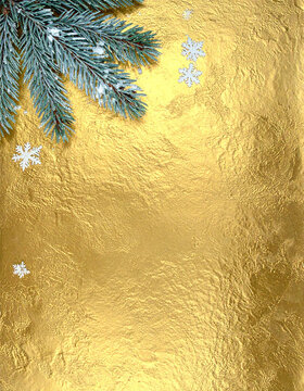 Christmas card with shimmering gold foil background single filigree fir twig and few snowflakes generative AI