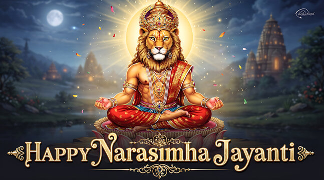 Serene depiction of a divine lion-headed deity in meditative pose celebrating Narasimha Jayanti with spiritual harmony and