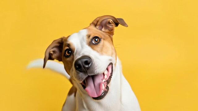 A cheerful dog with a playful expression against a yellow background.