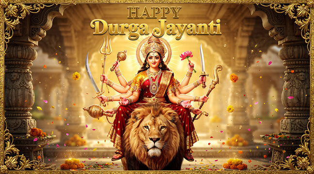 Celebration of Durga Puja with Divine Goddess and Majestic Lion Amid Festive Decor