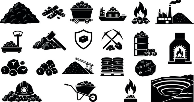 Coal Mining and Industrial Fuel Production Solid Silhouette Icon Set Featuring Open Pit Mine, Furnace, Mine Cart, Cargo Ship, Tools, and Charcoal Pile Graphics