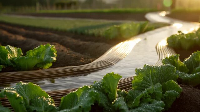 Green leafy crops grow beside irrigation lines in agricultural field with sunlight reflecting on water channels, showing rows of plants and organized farming landscape during outdoor cultivation