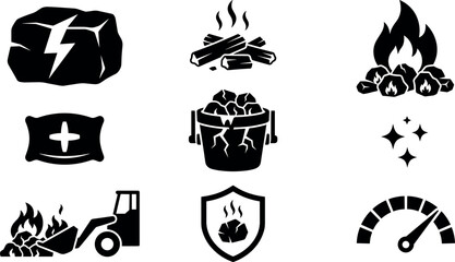 Fototapeta premium Coal Power and Charcoal Fuel Icon Set Featuring Burning Embers, Firewood, Front Loader Machinery, Mineral Ore, Bucket, and Energy Efficiency Metrics