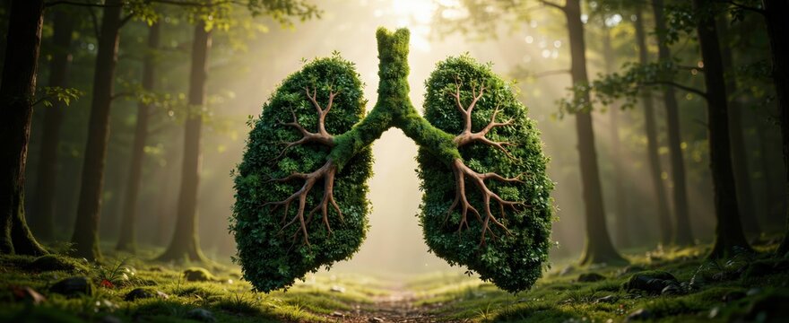 Human lungs made of lush green foliage and tree branches in a sunny forest. This image represents environmental conservation and clean air concepts.