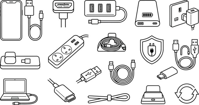 Electronic Device Charger and USB Cable Line Icon Set Featuring Power Bank, Extension Cord, Adapter Plug, Hub, and Hardware Connectivity Elements