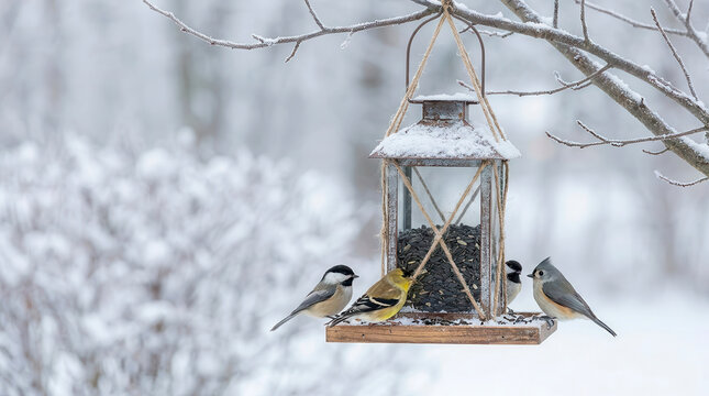 Black-capped chickadees, American goldfinch, and tufted titmouse feeding on a hanging lantern bird feeder