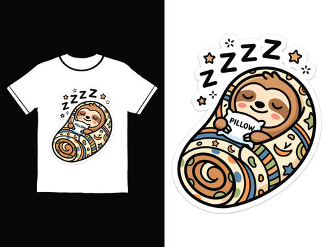 Cute sleepy sloth wrapped in patterned blanket with zzz symbols and stars against white background