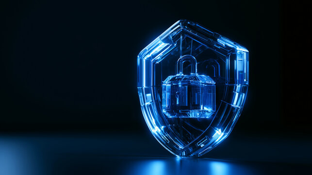 3D render of a glowing neon shield and padlock protecting digital data