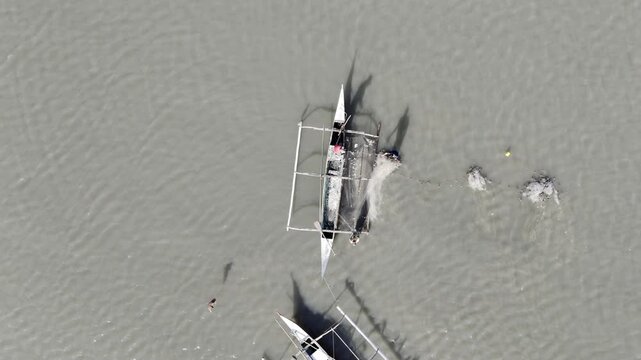 Aerial drone view of Fishermen cleaning nets as egrets fly around their boat at Inner Malampaya Sound