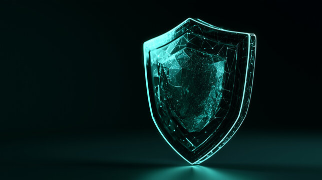 3D render of a glowing neon shield and padlock protecting digital data