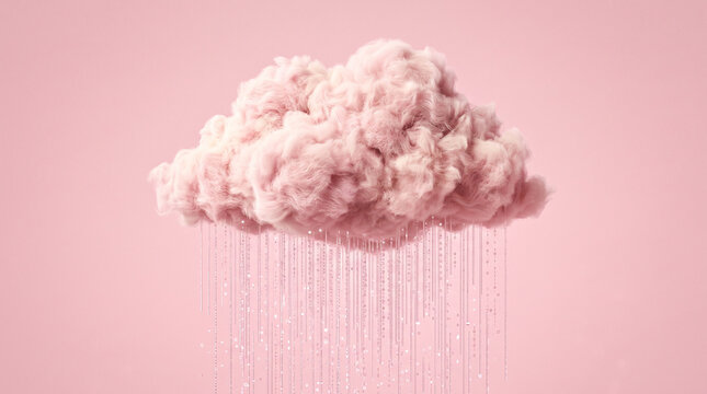 A fluffy pink cloud raining digital binary code data streams against a soft pastel pink background, representing cloud computing and technology