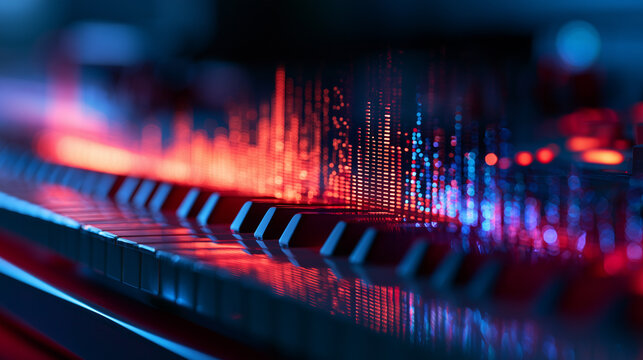 Macro shot of a piano keyboard with glowing colorful sound waves