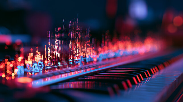 Macro shot of a piano keyboard with glowing colorful sound waves