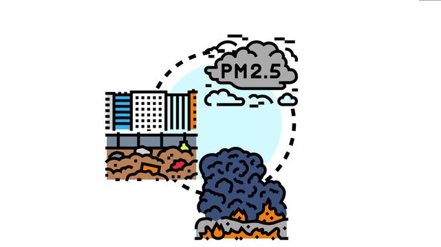 Environmental issues concept artwork air pollution with pm2.5 particulate matter spreading over urban buildings and significant land contamination with waste and illegal dumping