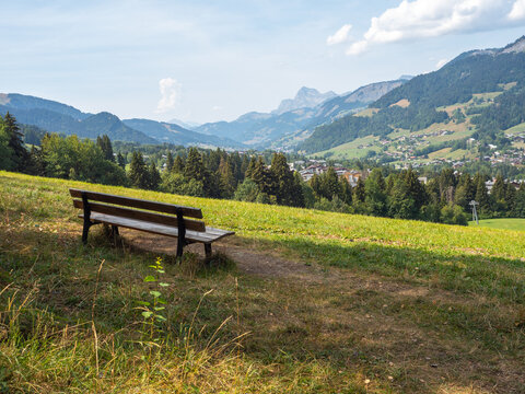 wooden bench on grassy hill mountain valley view
