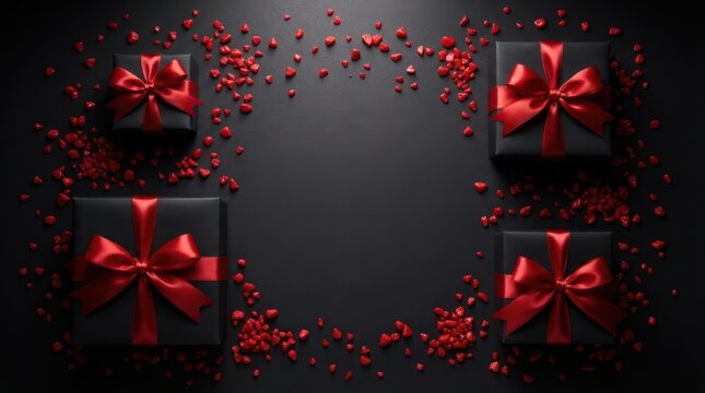 Black Friday Black gift boxes with red satin ribbons arranged on dark surface with scattered red stones for a sophisticated holiday shopping theme